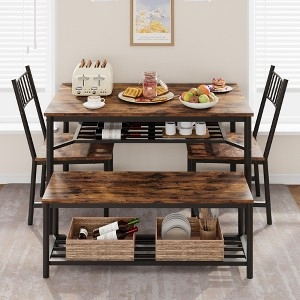 Dining Table Set Integrated Wine Rack, Bench With Storage, Industrial