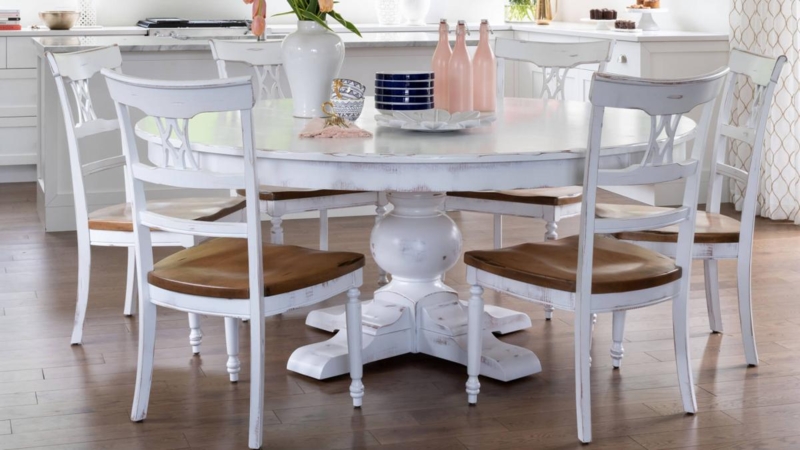 Dining Table Set Lattice Back Whitewashed Finish Pedestal Round Cottage