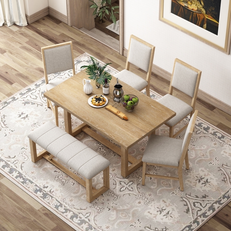 Dining Table Set Light Oak Finish Channel Tufted Bench