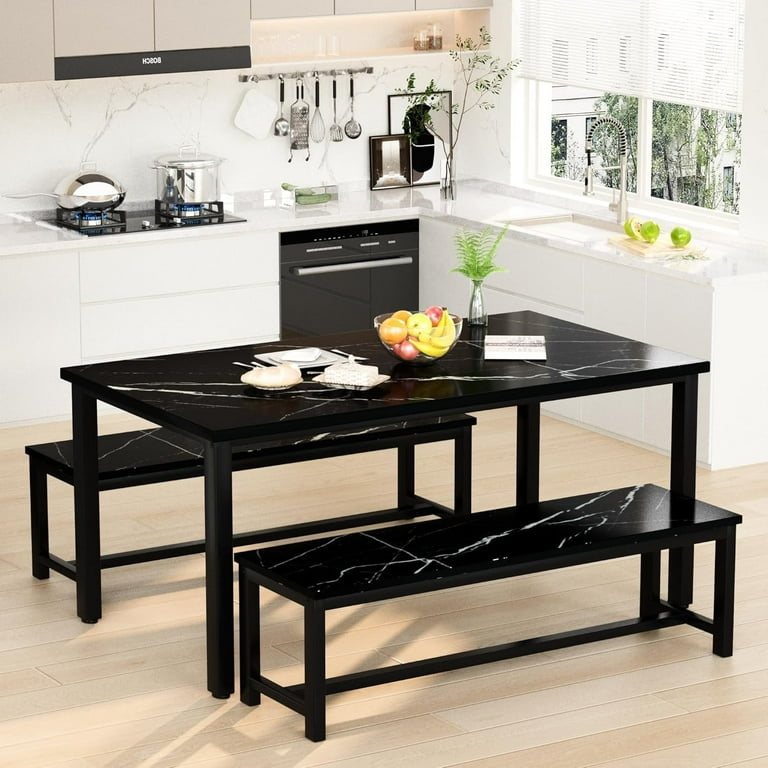 Dining Table Set Marble Finish Nesting Benches Space Saving