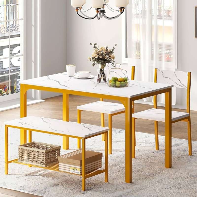 Dining Table Set Marble Pattern Gold Frame Storage Bench