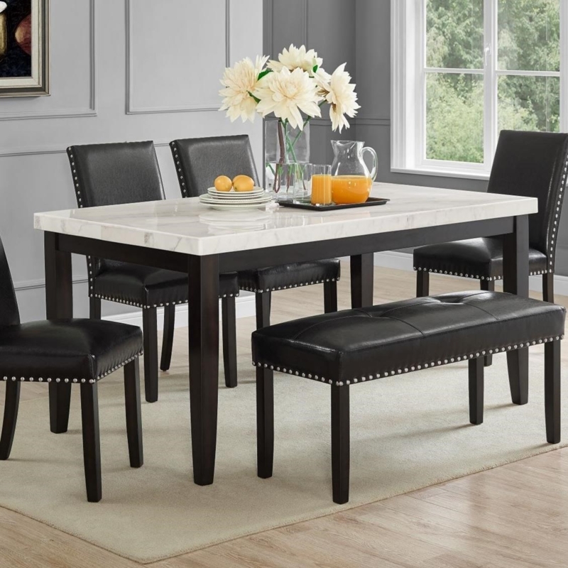 Dining Table Set: Marble Top, Nailhead Trim Chairs, Tufted Bench