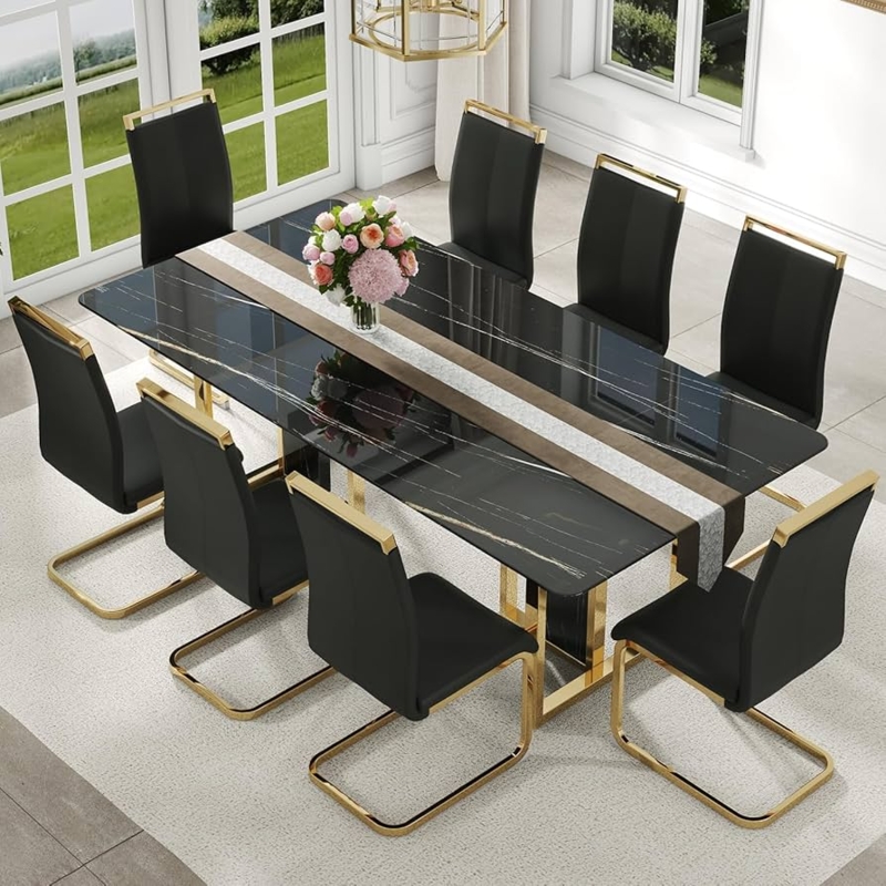 Dining Table Set Marbled Top Gold Sled Base Chairs 8 Person
