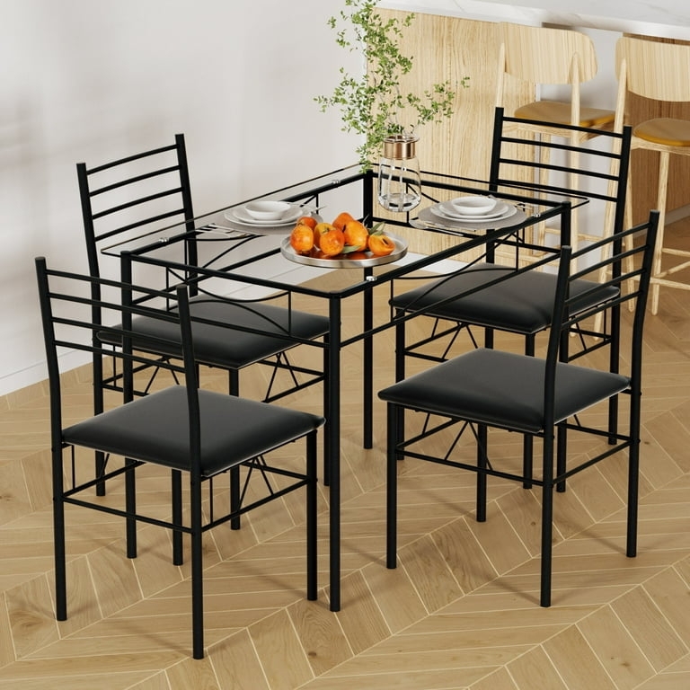 Dining Table Set: Minimalist Black Metal, Leather-Like Ladder Backs