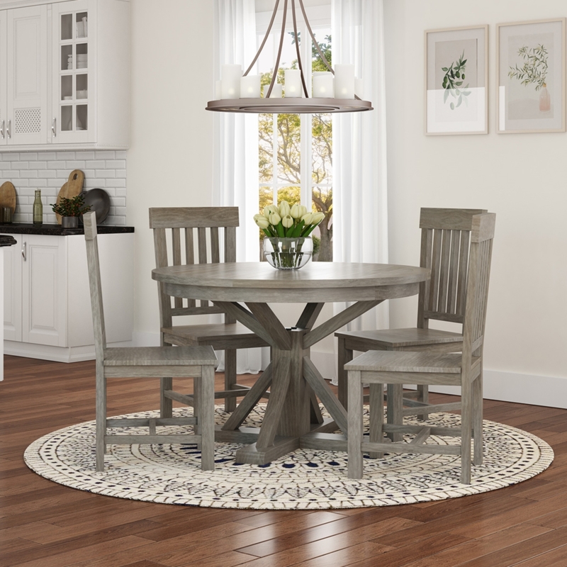 Dining Table Set Modern Farmhouse Grey Washed Round Pedestal Base