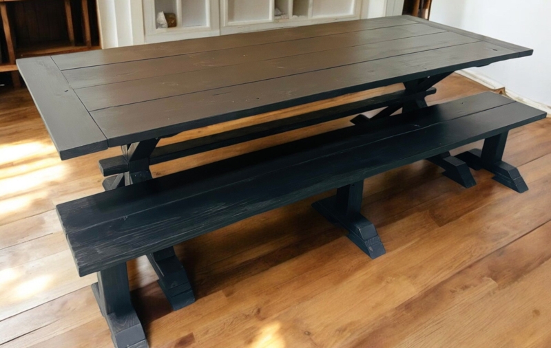 Dining Table Set Modern Farmhouse Trestle Base Black With Benches