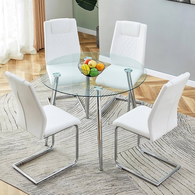 Dining Table Set: Modern Glass Round Table, White Cantilever Chairs