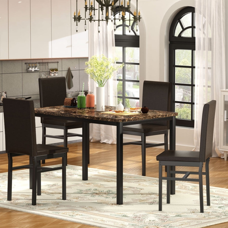 Dining Table Set Modern Marble Top Faux Stone Beige Upholstered Chairs