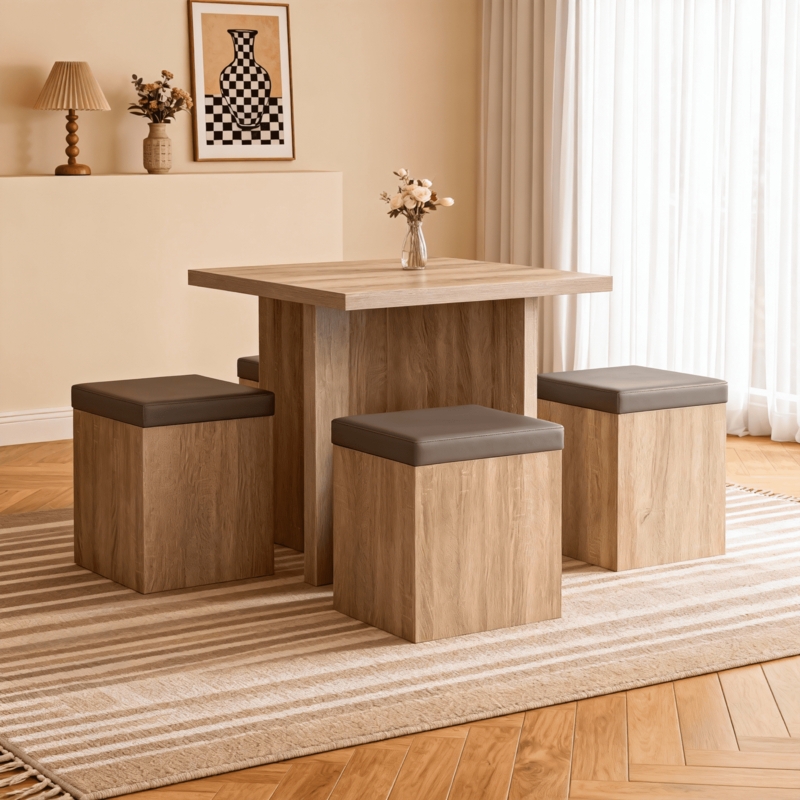 Dining Table Set Modern Square with Tuck Away Cube Stools Compact Design