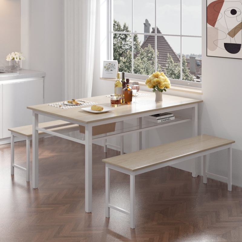 Dining Table Set Modern White & Light Oak with Under Table Shelf