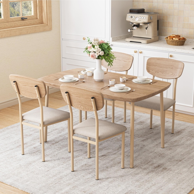 Dining Table Set Natural Wood Black Metal Industrial Style Compact