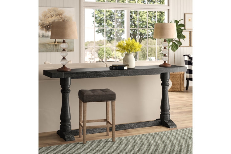 Dining Table Set Natural Wood Block Legs Black Spindle Chairs
