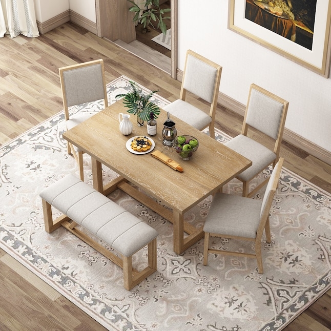 Dining Table Set Natural Wood Trestle Base Upholstered Bench 6pc