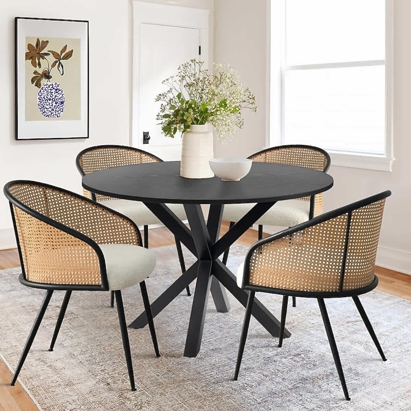 Dining Table Set Rattan Back Boucle Chairs Black Starburst Base