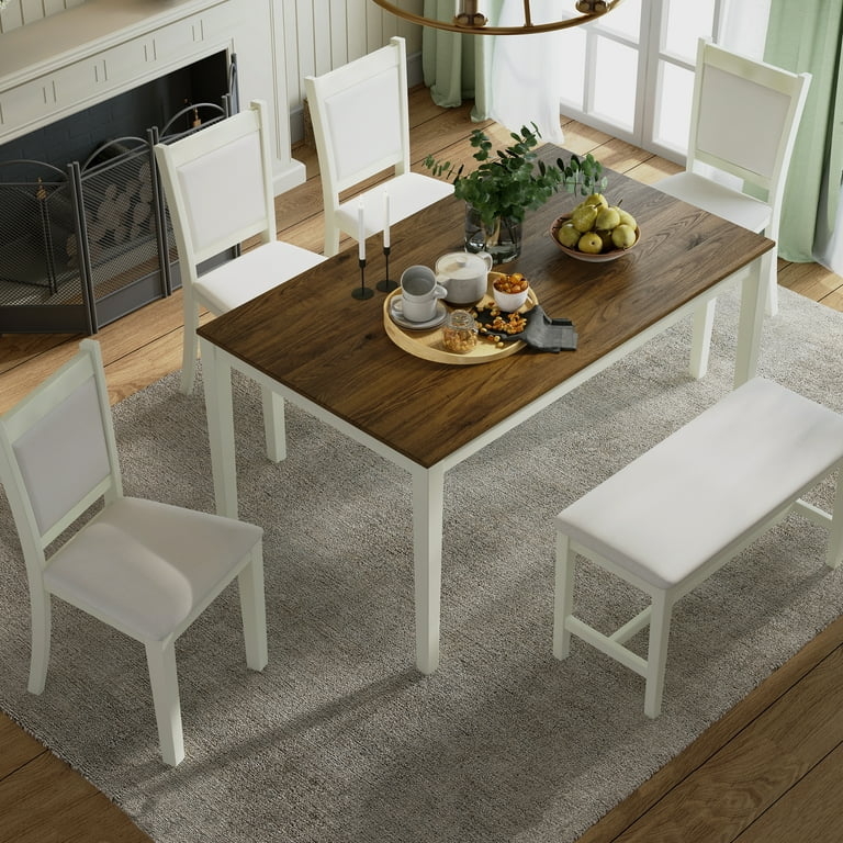 Dining Table Set Rectangular Rustic Wood Two-Tone Bench and Chairs