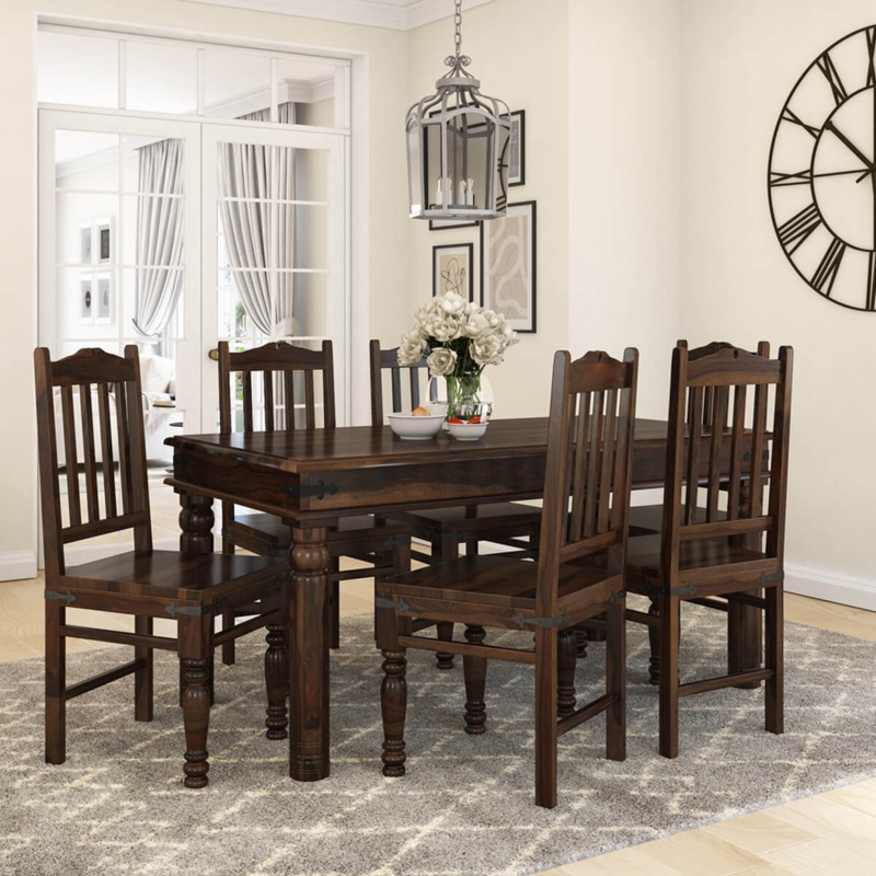 Dining Table Set Reddish Brown Block Legs Slat Back Farmhouse