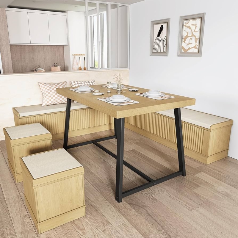 Dining Table Set Ribbed Panels L-Shaped Bench Black Metal Legs Wood