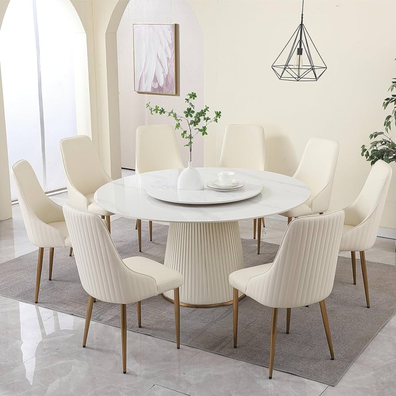 Dining Table Set Ribbed Pedestal Stone Round Table Cream Tufted Chairs