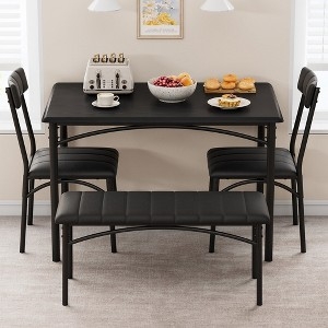 Dining Table Set: Ribbed Upholstered Seats, Bench & Black Metal Frame