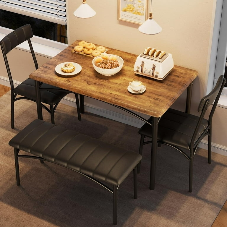 Dining Table Set Ribbed Upholstery Wood Toned Black Metal Frame