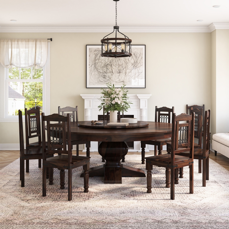 Dining Table Set Round Dark Brown Wood for 10 with Spindle Back Chairs