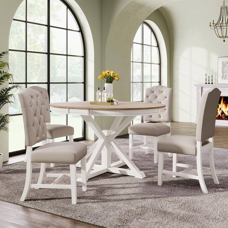 Dining Table Set: Round Farmhouse Dining Set with Trestle X-Base