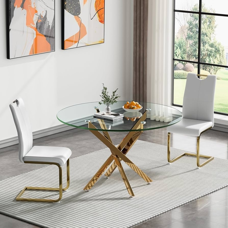 Dining Table Set Round Glass Gold X-Base White Cantilever Chairs