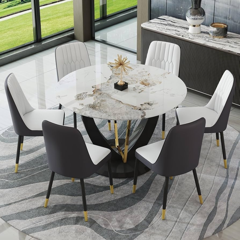 Dining Table Set Round Marble Top Two-Tone Quilted Chairs Glam