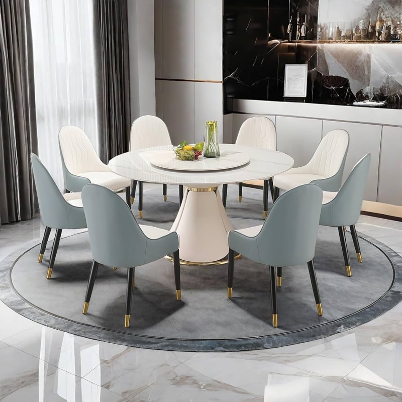 Dining Table Set Round White Stone Lazy Susan Light Blue Chairs