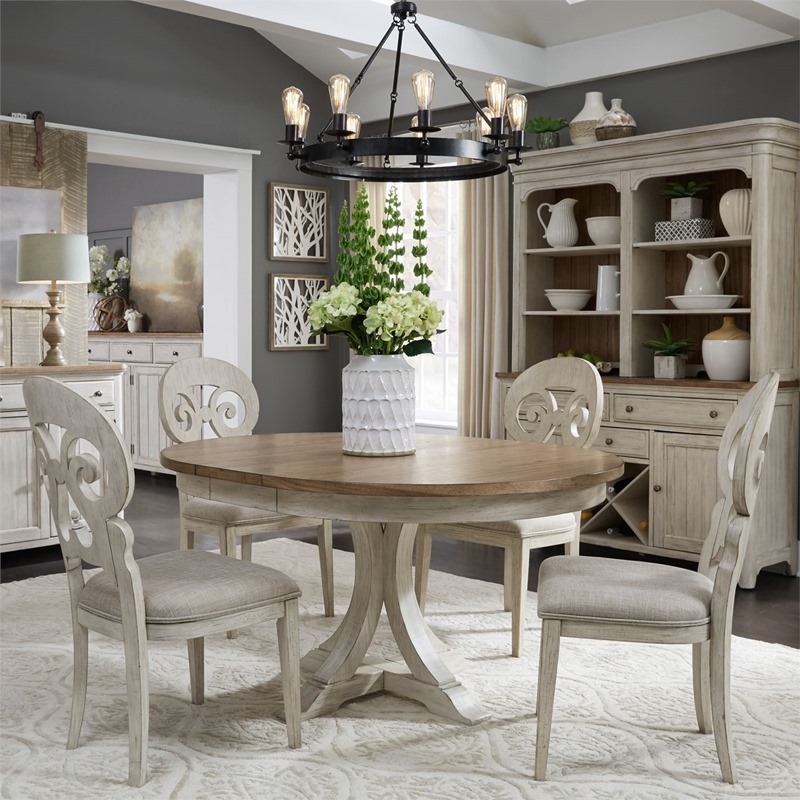 Dining Table Set Round Whitewashed Finish Pedestal Splat Back Chairs