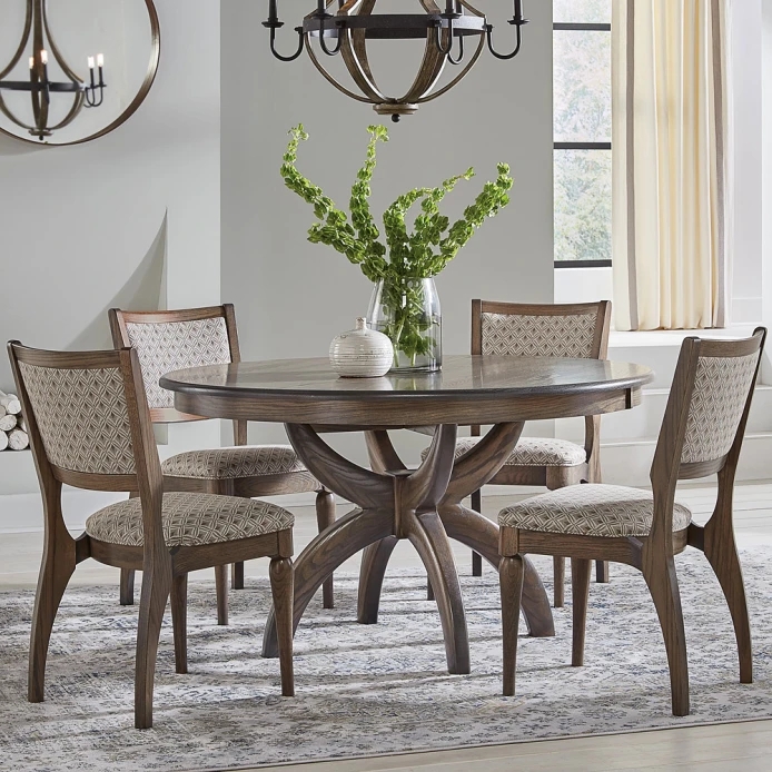 Dining Table Set Round Wood Curved X-Base Geometric Upholstered Chairs