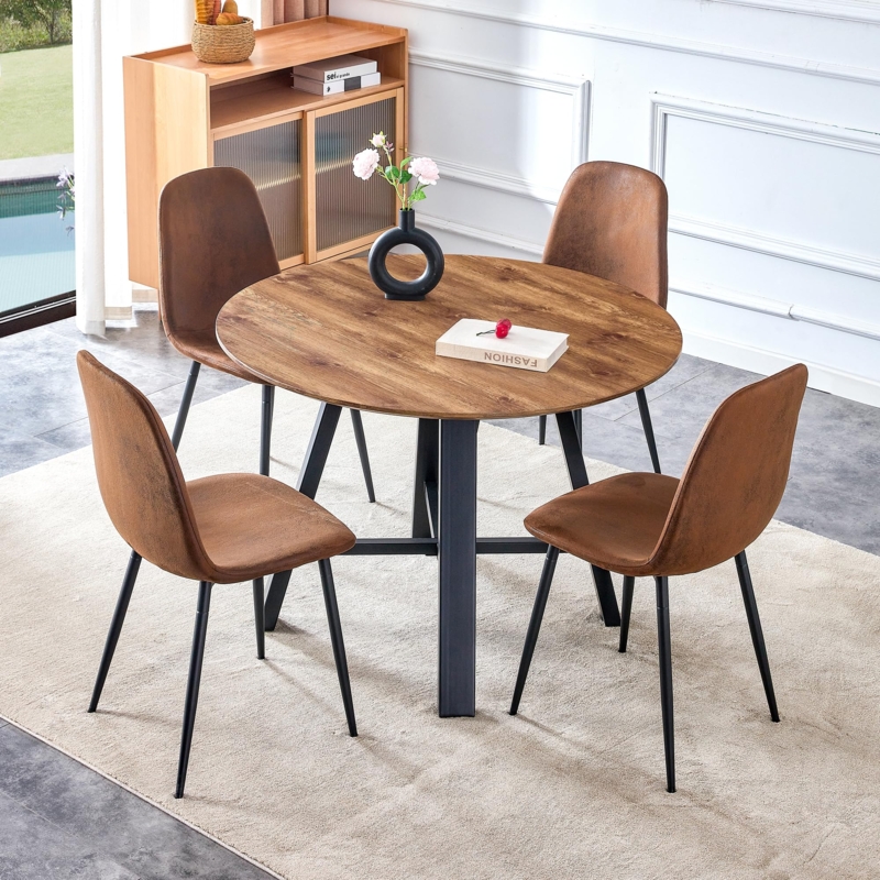 Dining Table Set Round Wood Top Brown Upholstery Black Metal Frame