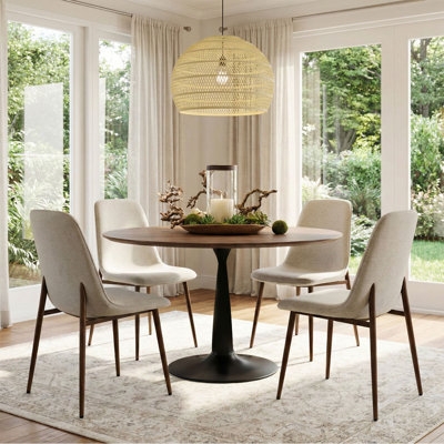 Dining Table Set Round Wood Top Metal Pedestal Base Slat-Back Chairs