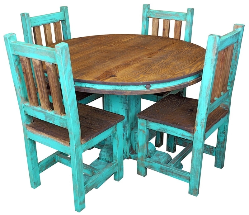 Dining Table Set: Round Wood Top Pedestal Base Turquoise