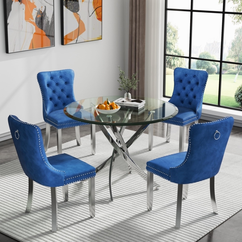 Dining Table Set: Royal Blue Velvet Tufted Chairs, Sculptural Metal Base