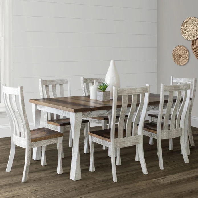 Dining Table Set Rustic Reclaimed Appearance Whitewashed Distressing