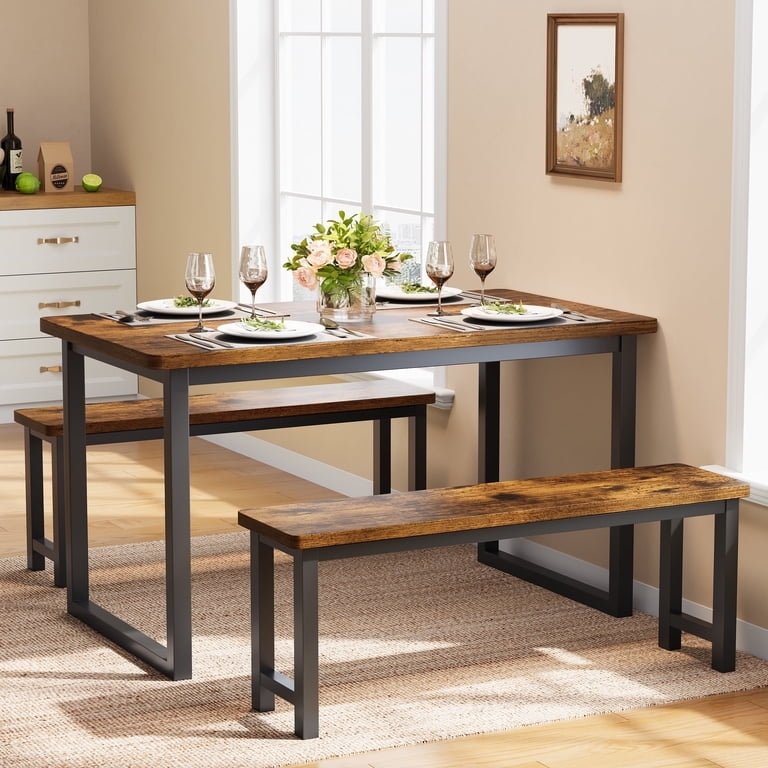 Dining Table Set Rustic Wood & Black Metal Frame 3-Piece 2 Benches