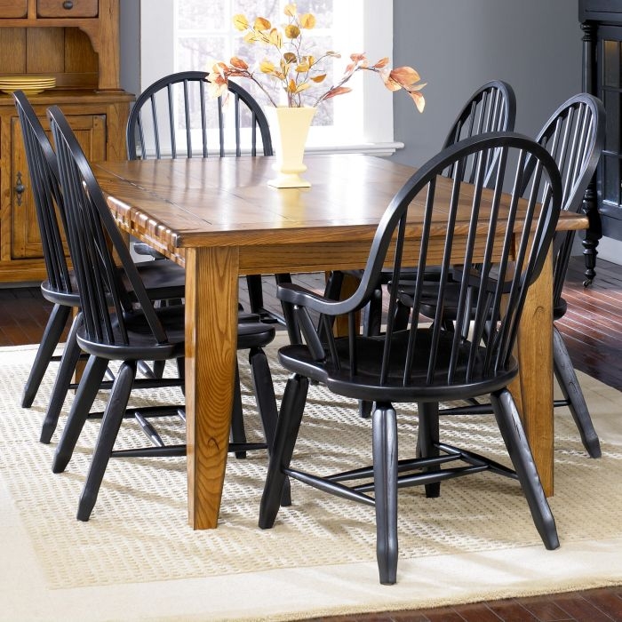 Dining Table Set Rustic Wood Top Windsor Back Chairs Turned Legs 7 Piece