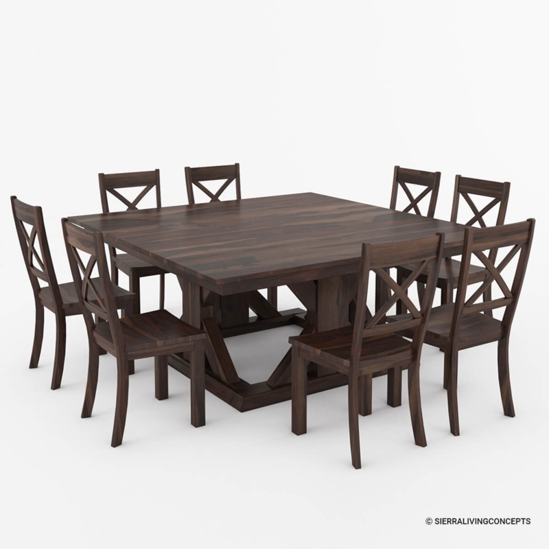 Dining Table Set Rustic Wood Trestle Base X-Back Chairs