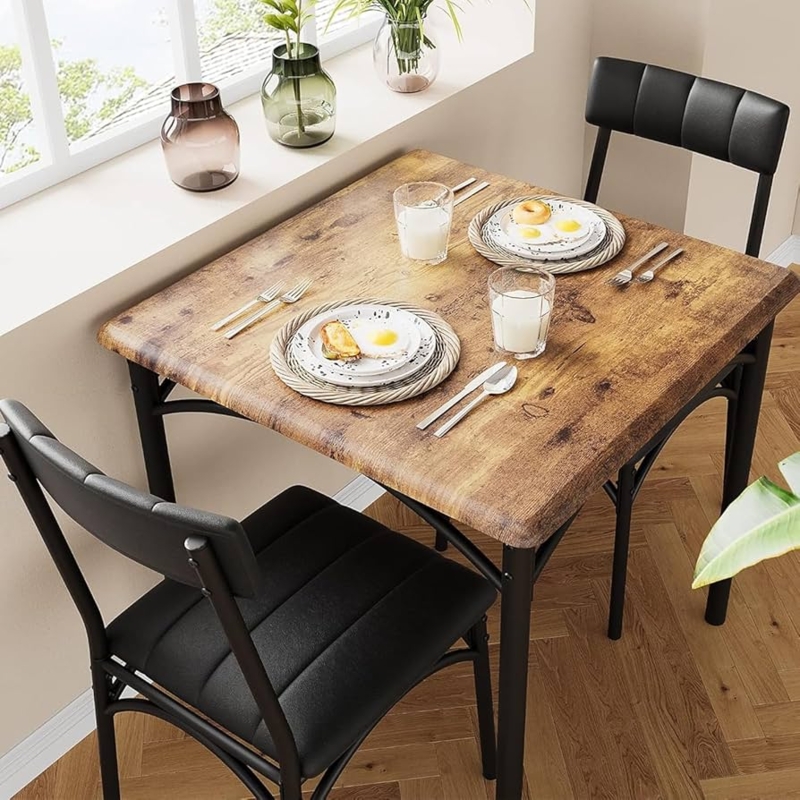 Dining Table Set Rustic Wood with Ribbed Black Upholstered Chairs