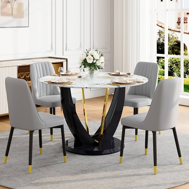 Dining Table Set Sculptural Black Base Glossy Finish Channel Tufting Chairs