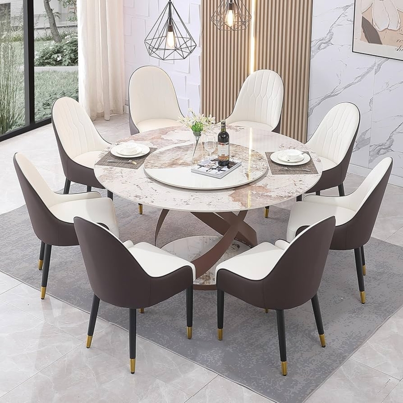 Dining Table Set Sculptural Stone Round Table Two Tone Bucket Chairs