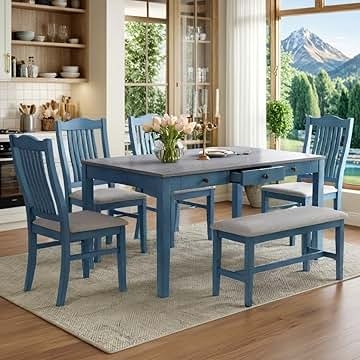 Dining Table Set: Seven Piece Two-Tone Teal Wood Farmhouse