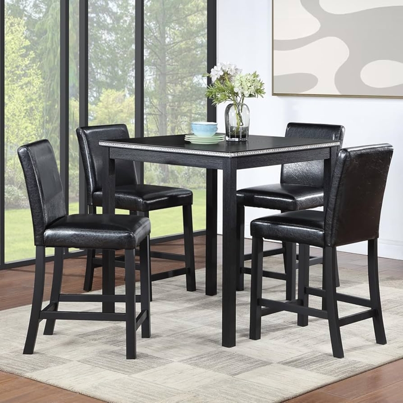 Dining Table Set Silver Beaded Apron Black Textured Upholstery