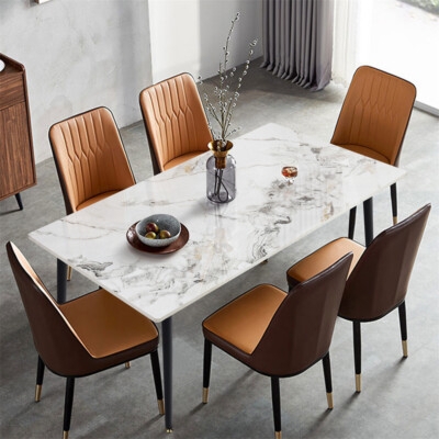 Dining Table Set Sintered Stone Top Two-Tone Cognac Chairs Luxe