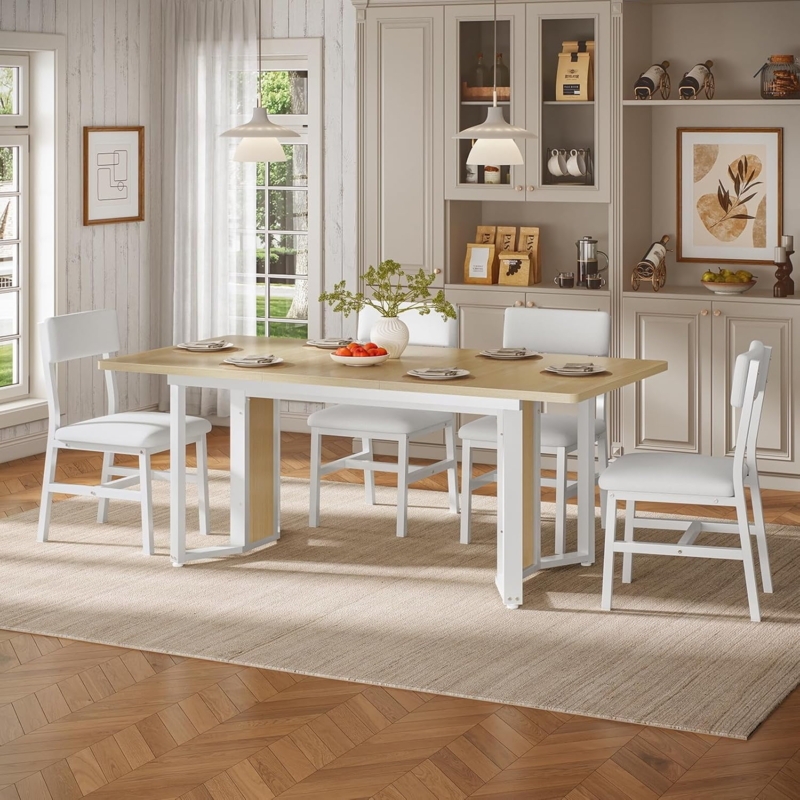 Dining Table Set Sled Base Legs Extendable Two Tone Finish