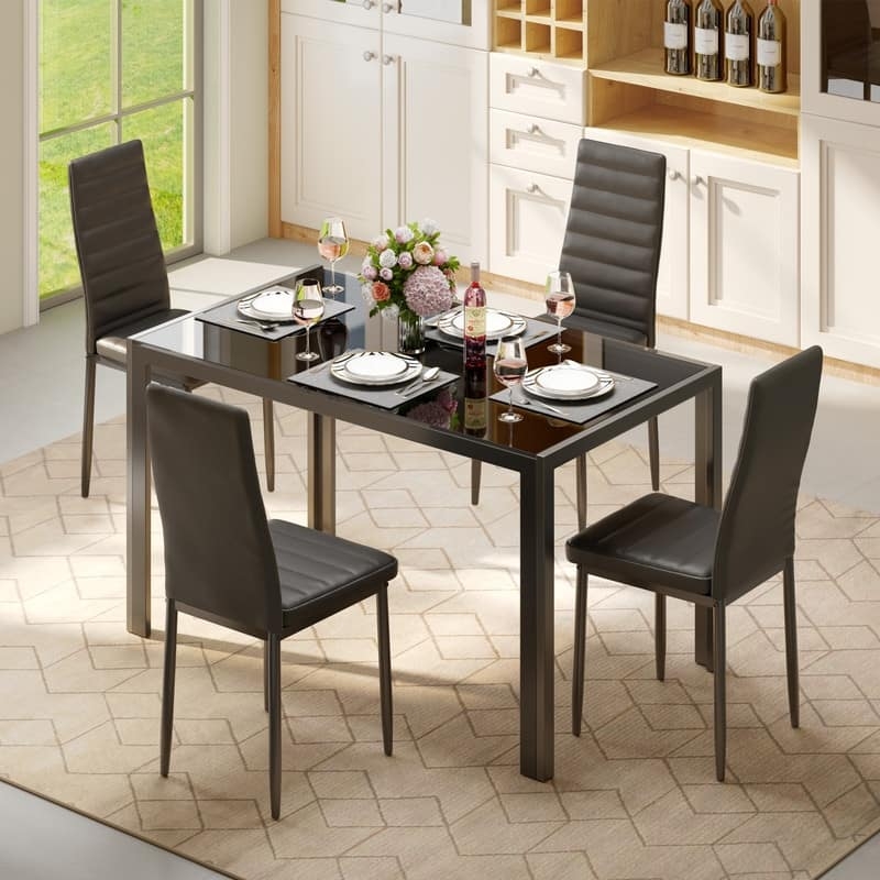 Dining Table Set: Sleek Black Glass Top, Ribbed Upholstered Chairs