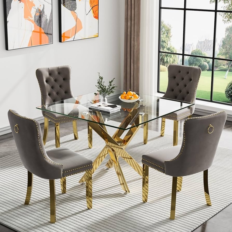 Dining Table Set Square Glass Gold Cross Legs Grey Tufted Velvet Chairs