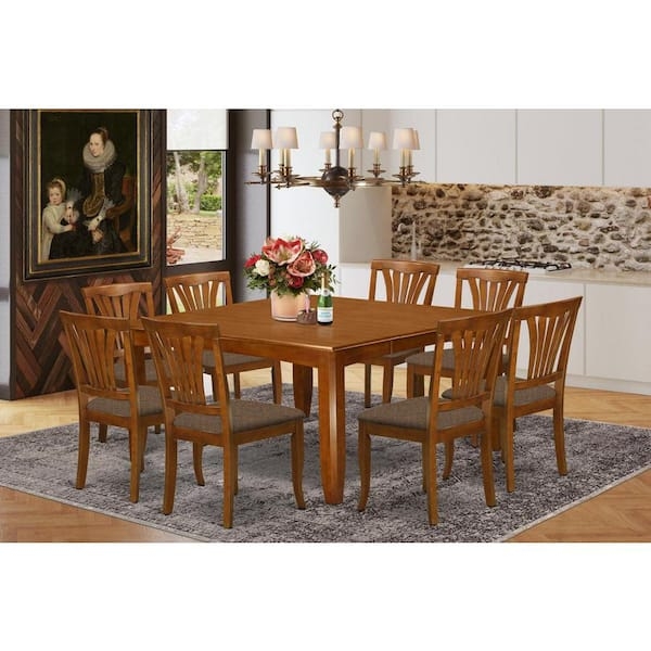 Dining Table Set Square Saddle Brown Wood Slat Back Chairs