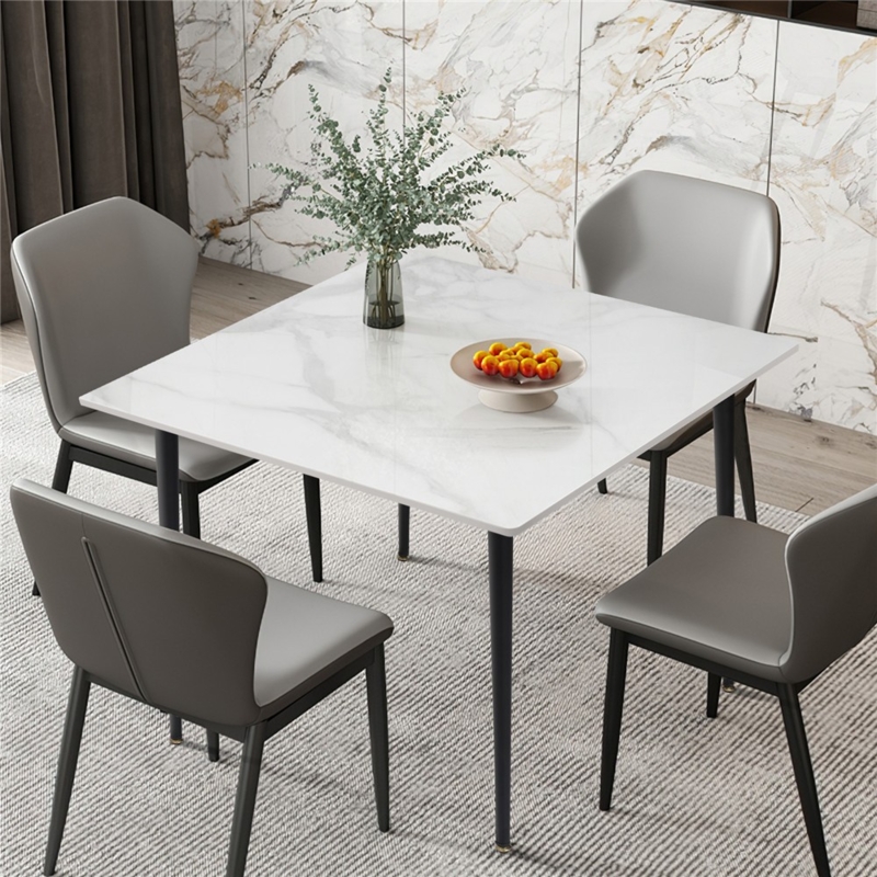 Dining Table Set Square Sintered Stone Top Gold Capped Metal Legs